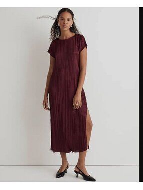 MADEWELL Short-Sleeve Slip Midi Dress in Burgundy Size Medium